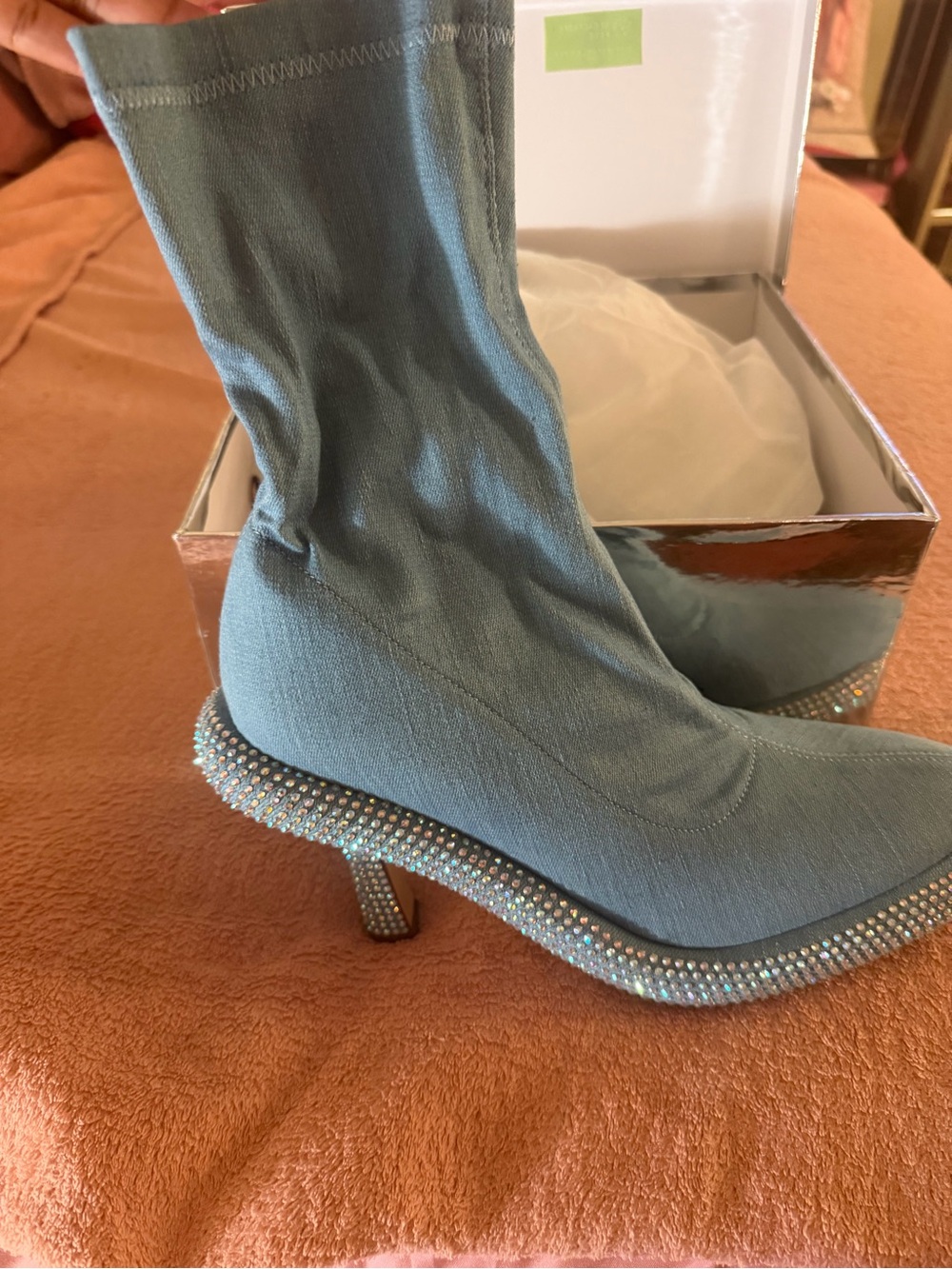 Rhinestone-Embellished Sock Heel Boot in Teal